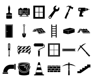 Anahtarlar, çekiçler, testereler, pencereler, kapılar, tuğlalar ve daha fazlası dahil olmak üzere çeşitli inşaat araçları ve malzemelerini temsil eden siyah ve beyaz simgeler.