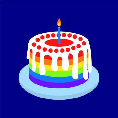 Gökkuşağı renkleriyle renklendirilmiş güzel bir pasta vektörü. Mavi zemin üzerinde çizgi film klipinde tek bir mum olan düz pasta biçimi.