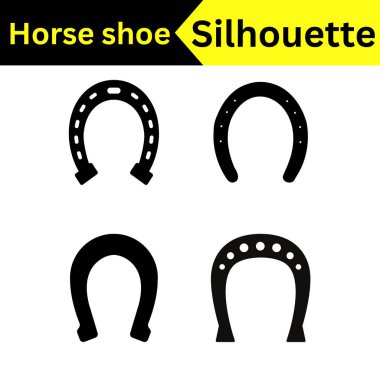 Şeffaf arka planda izole edilmiş dört siyah at nalı şekli ve belirgin tırnak deliği desenleri.