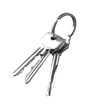 Bir yüzükteki cilalanmış metal anahtarlar, şeffaf bir arkaplanda izole edilmiş, erişim, güvenlik, mülkiyet ve dijital kimlik tasarımı kavramları için uygun.