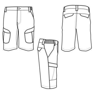 Ön, arka ve yan görünüm esnek şortlar, düz taslak moda çizimi. Beyaz bir arkaplanda izole edilmiş.