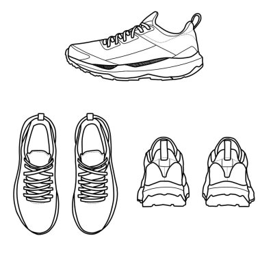 Şablon vektör erkek yürüyüş ayakkabıları, el çizimi koleksiyon, resmi ayakkabılar, vektör çizimi çizimi. Özel yürüyüş ayakkabısı tasarımınız için uygun, beyaz arka planda izole edilmiş.