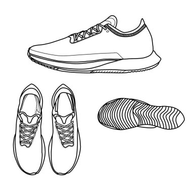 Şablon vektör koşu ayakkabıları, özel koşu ayakkabılarınız için uygun, ana hatlı vektör çizimi, alt, yan ve üst görünüm. Beyaz bir arkaplanda izole edilmiş.