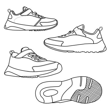 Şablon vektör koşu ayakkabıları, özel koşu ayakkabıları, ana hatlı vektör çizimi, alt, yan ve üst görünüm. Beyaz bir arkaplanda izole edilmiş.