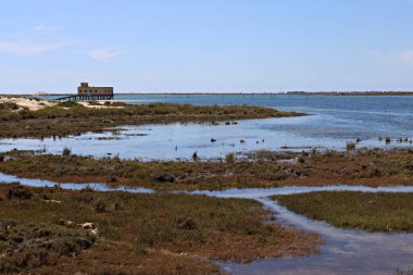 Ria Formosa Doğal Parkı, Fuseta, Algarve, Portekiz 'deki gelgit sulak alanları ve sarı stilt evi gündüz görüşü.