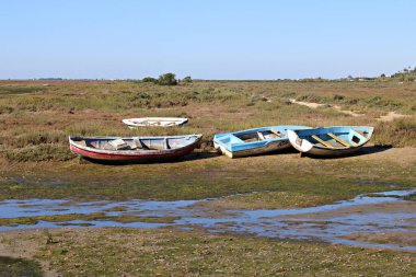 Geleneksel küçük balıkçı tekneleri Ria Formosa, Fuseta, Portekiz 'deki alçak gelgitler sırasında kıyılarda karaya oturmuş, yıpranmış odunları, soyulmuş boyaları, sulak alanları, gelgit kanallarını ve sakin bir kıyı manzarasındaki terk edilmiş su araçlarını gösteriyorlar.