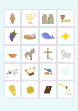 Çocuklar için renkli İncil temalı kartlar, sürahi, menorah, tabletler, ekmek ve şarap, üzüm, balık, balina, yıldız, lamba, eşek, haç, kuzu, parşömen, arp, güvercin, buğday, para, İncil, melek.