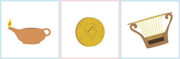 Bible-themed vector illustration for children featuring an oil lamp, a coin, and a harp. Perfect for Christian education, Sunday school lessons, and Bible story visuals.