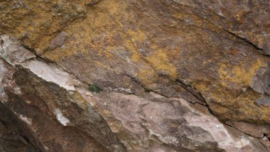 Sarı, altın ve koyu kahverengi minerallerin karışımından oluşan yıpranmış kaya yüzeyinin detaylı bir görüntüsü, canlı, dünyevi bir doku yaratıyor..