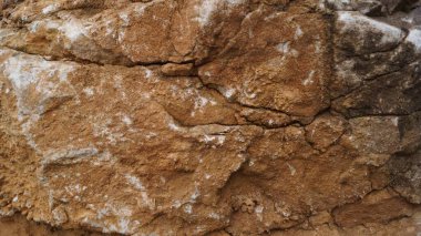Açık kahverengi ve bronz bir kaya yüzeyinin detaylı bir yakın çekimi ince dikey çatlaklar ve pürüzlü, yıpranmış bir dokuyla işaretlenmiştir..