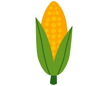 PrintCorn vector art illustration in flat modern style. Fresh yellow maize cob with green husk, isolated on white background. Perfect for organic farm logos, healthy food packaging, vegetarian recipe design, agricultural product labels.