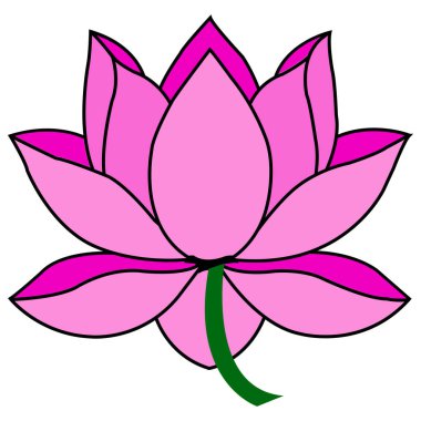 Pembe nilüfer çiçeği çizimi, pürüzsüz düz renkler ve kalın çizgiler. Bu çiçekli sanat eserlerinde simetrik taç yaprakları, yeşil bir gövde ve yoga temaları için mükemmel minimalist bir stil bulunur..