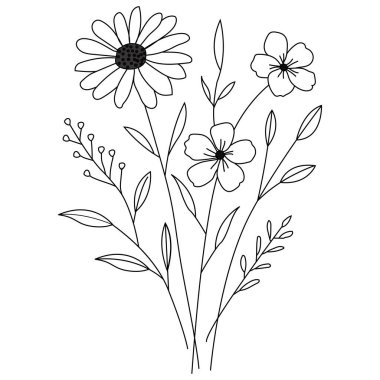 Narin çiçek sapları, yapraklar ve botanik elementlerin yer aldığı zarif kır çiçeği buket çizgisi çizimi. Bu minimalist siyah beyaz çiçek çizimi düğün davetiyeleri, tebrik kartları, dövme tasarımları, kırtasiye malzemeleri için mükemmel..