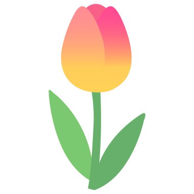 Renkli lale çiçeği tomurcuk vektör illüstrasyonunda pembe ve sarı tonlarda yumuşak gradyan taç yaprakları, taze yeşil yapraklar ve gövde. Bahar temaları için basit düz çiçek tasarımı ideal, temiz şekil, beyaz arkaplan üzerinde izole.