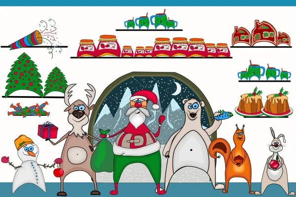 Grußkarte Mit Niedlichem Weihnachtsmann Wohnzimmer Weihnachtsmann Mit Schneemann Bär Hase — Stockvektor