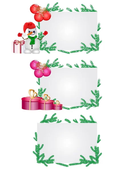 Boldog Karácsonyt Újévi Bannereket Fenyőágakkal Vörös Golyókkal Ajándékdobozokkal Hóemberrel Fehér — Stock Vector