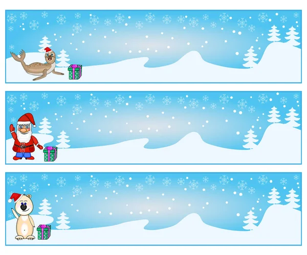 Set Van Kerstmis Horizontale Banners Met Geschenkdoos Zegel Kerstman Beer — Stockvector