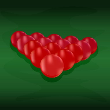Yeşil arka planda izole edilmiş parlak bilardo topları. Kırmızı bilardo topları yeşil keçeli masada üçgen şeklinde dizilmiş. Bilardo masası, bilardo salonu spor topu. Stok vektör illüstrasyonu