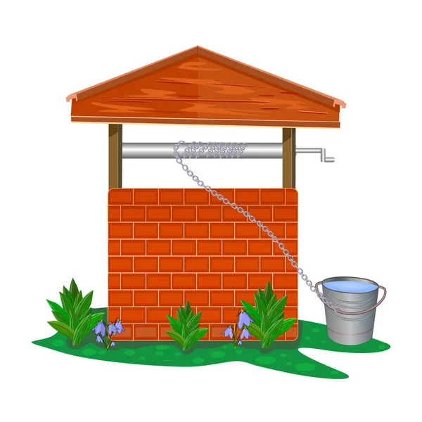 Cihlová Dřevěná Voda Dobře Izolované Bílém Pozadí Rustikální Karikatura Studny — Stockový vektor