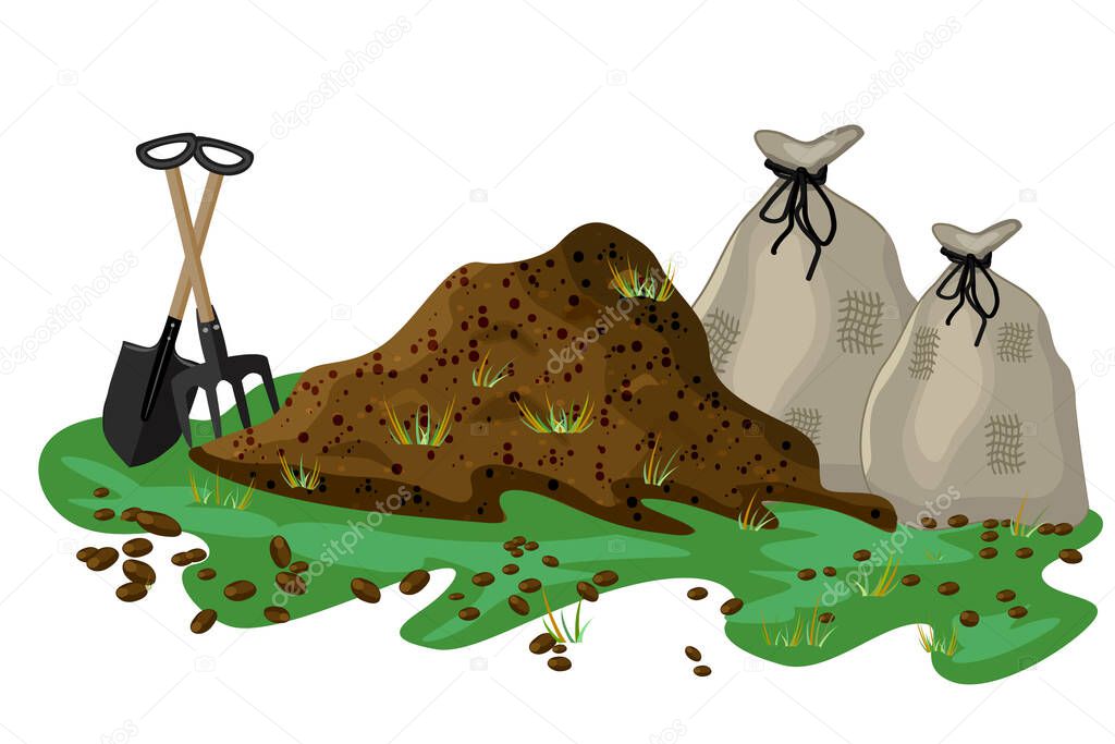 Pile of soil isolated on white background. Hayfork and shovel in a pile of ground. Heap of substrate, humus, organic fertilizer, compost and bag for soil. Hill of earth or dirt. Bunch of manure. Landscape, nature, eco farming. Zero waste.Stock vector