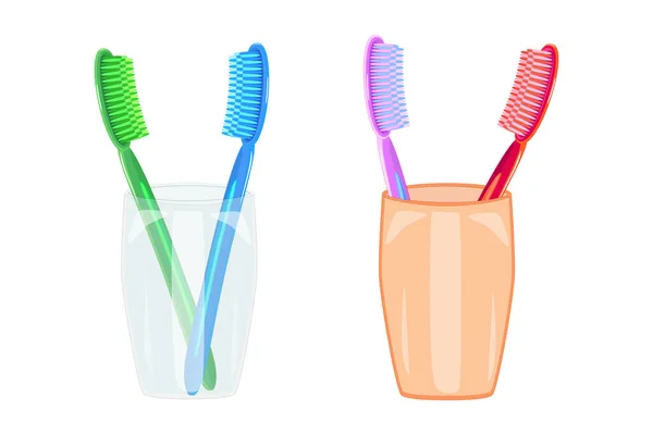 Set Toothbrushes Glass Isolated White Background Pair Toothbrushes Cup Hygiene — Stock Vector