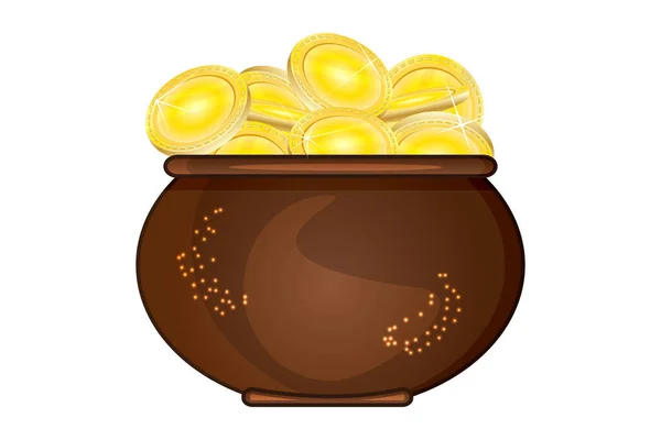 Hrnec Zlata Izolovaný Bílém Pozadí Hnědý Kotel Plný Zlatých Mincí — Stockový vektor