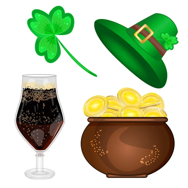 Set Happy Patrick Day Symbolen Geïsoleerd Witte Achtergrond Cartoon Kabouter — Stockvector