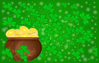 Saint Patricks day card with pot full of golden coins on green shamrock background. Template design banner on St. Patrick's Day with gold in pot and copy space in clover backdrop. Stock vector illustration clipart