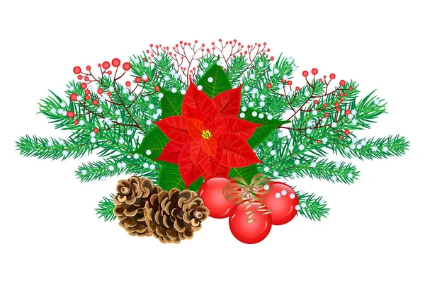 Buquê Natal Arranjado Partir Poinsettia Vermelho Ramo Abeto Bolas Natal —  Vetores de Stock