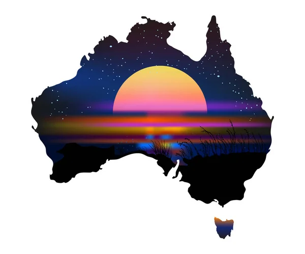 Australie Continent Aborigène Avec Coucher Soleil Isolé Sur Fond Blanc — Image vectorielle