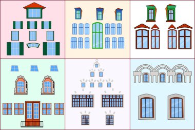 Renk arkaplanında izole edilmiş farklı pencereler. Ayrıntılı çeşitli rengarenk pencere tipleri koleksiyonu. Düz ev ve dış binalar. Pencere tasarımı. Stok vektör illüstrasyonu