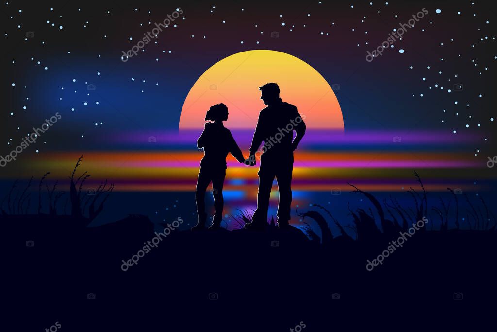 Romantic Silhouette Of Loving Couple At Sunset Valentines Day Happy Lovers Beautiful View Sea At Sunrise Couple Walking Together Holding Hands Under Sunset And Starry Sky Stock Vector Illustration Larastock Romantic Silhouette Of Loving Couple At Sunset Valentines Day Happy Lovers Beautiful View Sea At Sunrise Couple Walking Together Holding Hands Under Sunset And Starry Sky Stock Vector Illustration Larastock