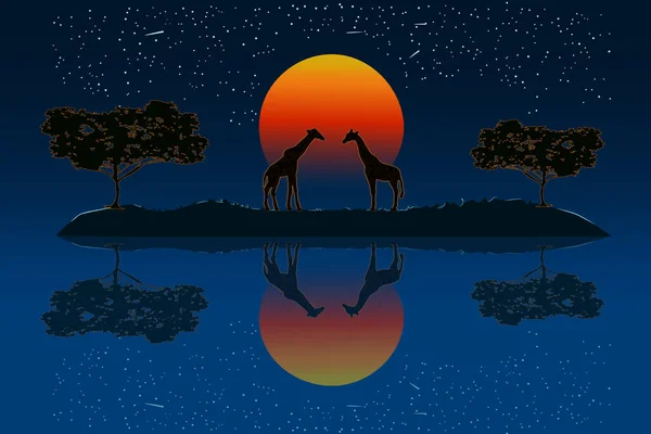 日没時にアフリカのサバンナでキリンのカップル 反射して川の水の近くに2つのキリンのシルエット アフリカの自然 保護区や国立公園 アフリカの日 ストックベクトルイラスト — ストックベクタ