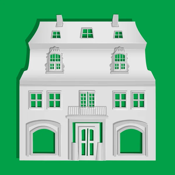 紙の家は緑の背景に隔離された 窓やドアのある折紙市庁舎 白い紙カットアートとクラフトスタイルのデザインのコテージの外観 バナー ポスター カード ストックベクトルイラスト — ストックベクタ