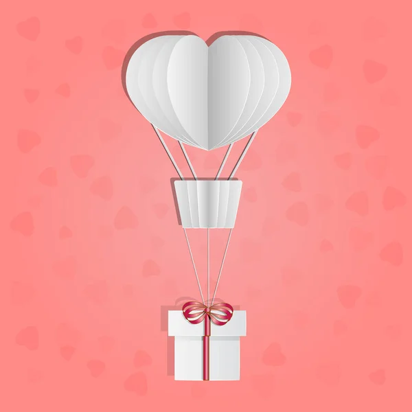 Heißluftballon Mit Geschenkbox Isoliert Auf Rosa Hintergrund Papierschnitt Design Liebe — Stockvektor