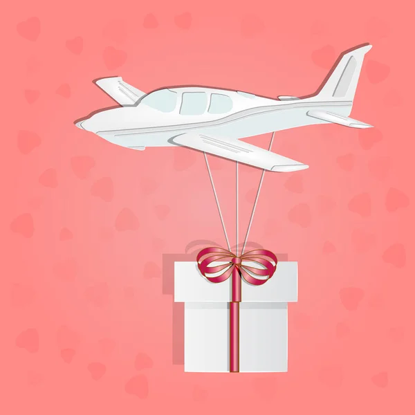 Petit Avion Avec Boîte Cadeau Isolé Sur Fond Rose Conception — Image vectorielle