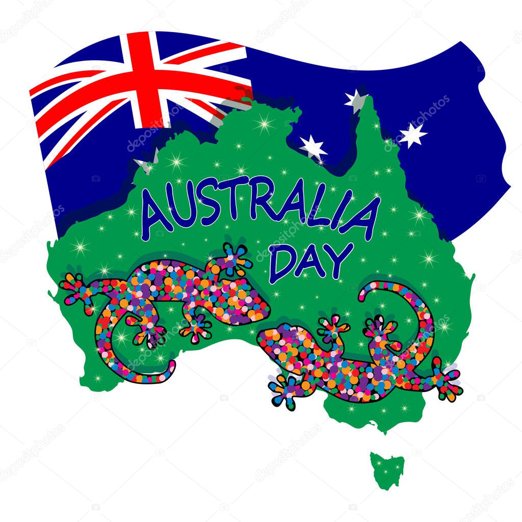 Map of Australia with two lizards and flag isolated on white background. Australian continent. Australia day. Naidoc week. Union jack. Reconciliation Day. Travel to australia poster design. Stock vector illustration
