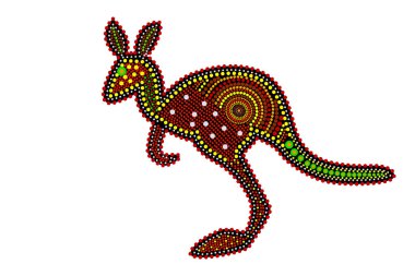 Kangaroo isolated on white background. Australia aboriginal kangaroo dot painting. Aboriginal tribal styled kangaroo. Decorative ethnic style. Element for flyer, poster, banner, placard, brochure. Stock vector illustration
