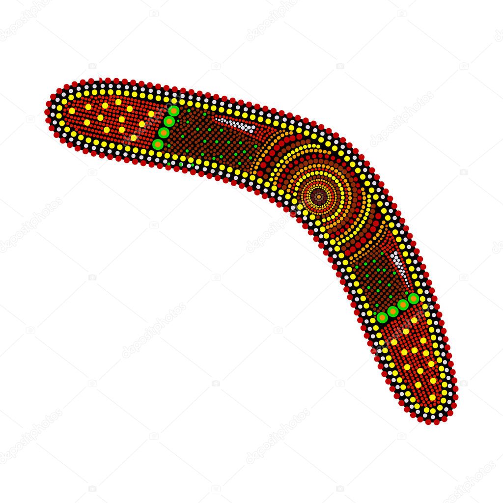 Boomerang isolated on white background. Australia aboriginal boomerang dot painting. Aboriginal tribal styled weapon. Decorative ethnic style. Element for flyer, poster, banner, placard, brochure. Stock vector illustration