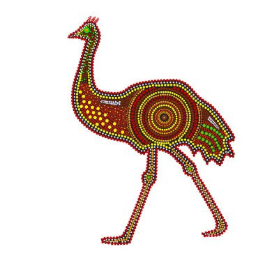 Emu isolated on white background. Australia aboriginal ostrich dot painting. Aboriginal tribal styled ostrich. Decorative ethnic style. Element for flyer, poster, banner, placard, brochure. Stock vector illustration