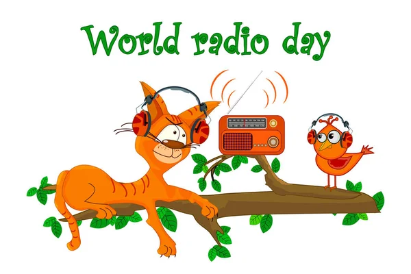 Gato Pájaro Con Radio Aislados Sobre Fondo Blanco Lindo Gato — Vector de stock