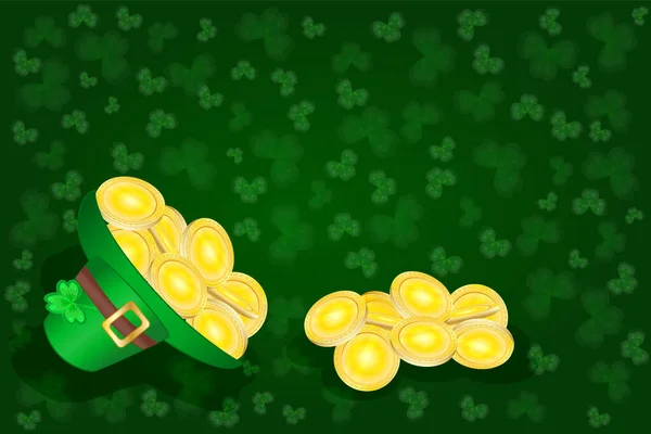 Svatý Patricks Denní Karta Kloboukem Plným Zlatých Mincí Zeleném Shamrocku — Stockový vektor