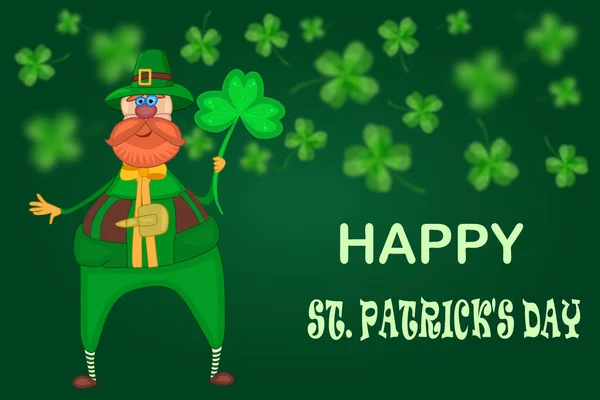 Kobold Und Klee Auf Grünem Hintergrund Happy Patrick Day Banner — Stockvektor