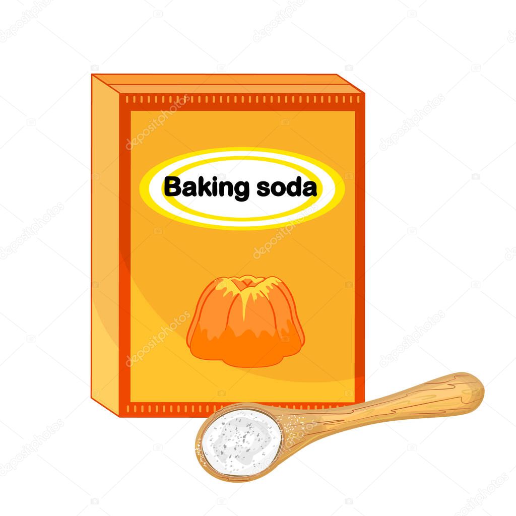Baking soda in a craft paper bag and spoon isolated on white background. Spoon with white powder. Pile of sodium bicarbonate in bowl. Food and drink ingredients for cooking. Natural way of cleaning house. Stock vector illustration