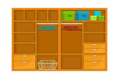 Dolap beyaz arkaplanda izole edilmiş. Askısı, rafı ve çekmecesi olan boş bir gardırop. Mobilya dolabı odası. Boş karikatür elbise dolabı. Ev ya da ofis için iç tasarım. Ön manzara. Stok vektör illüstrasyonu