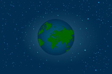 Gece yıldızlı gökyüzünde Dünya gezegeni. Parlak yıldızlı bir arka plan. Kozmik dünya görüşü. Astronomi ve astroloji bilimi. Fotokopi uzayı ile Dünya Günü afişi. Gezegeni Kurtarma temalı sosyal poster ya da kart için. Stok vektör illüstrasyonu