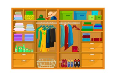 Dolap ya da gardırop boşluğu beyaz arka planda izole edilmiş. Askıda asılı ve raflarda duran giysiler ya da giysiler. Dolapta raflar, askılar ve kutular var. Dolap eşyayla dolu. Kıyafet organizasyonu ya da depolama. Stok vektör illüstrasyonu