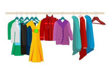 Askılardaki kıyafetler beyaz arka planda izole edilmiş. Kıyafetler ve aksesuarlar moda seti. Farklı giysili raflar. Mevsimlik satış konsepti. Kıyafet organizasyonu veya depolama. Dolap ya da gardırop için özel alan. Stok vektör illüstrasyonu