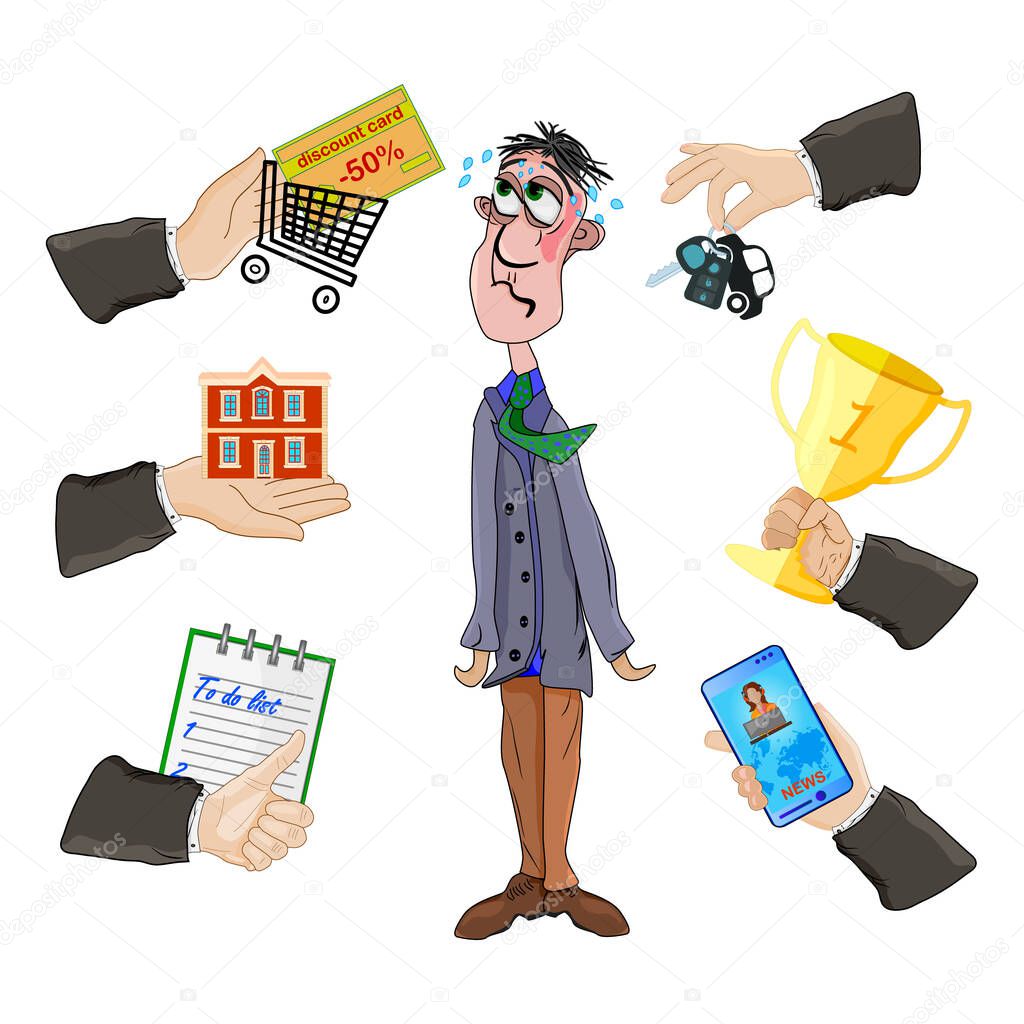 Depressed man with many hands isolated on white background. Multitasking problem with stress and pressure frustration. Multitasking and productivity concept. Work overload to person. Stressful at life. Stock vector illustration