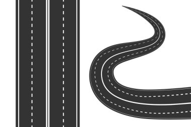 Beyaz arkaplanda beyaz işaretli yol. Sokak ikonu. Düz ve kıvrımlı, beyaz çizgili asfalt yol dokusu. Bir sürü viraj yolu ve otoyol. Otoyol konumu bilgi şablonu. Üst Manzara. Stok vektör illüstrasyonu